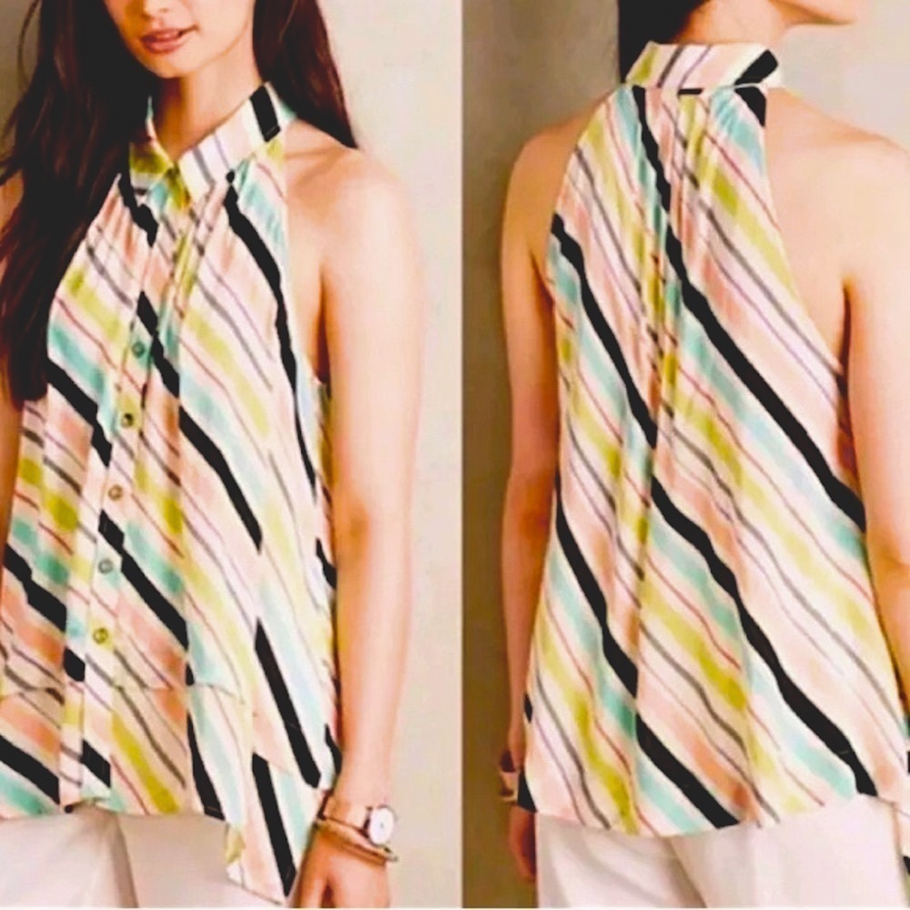 Anthropologie Maeve Tesni Rainbow Striped Button Swing Double Hem Tank Top